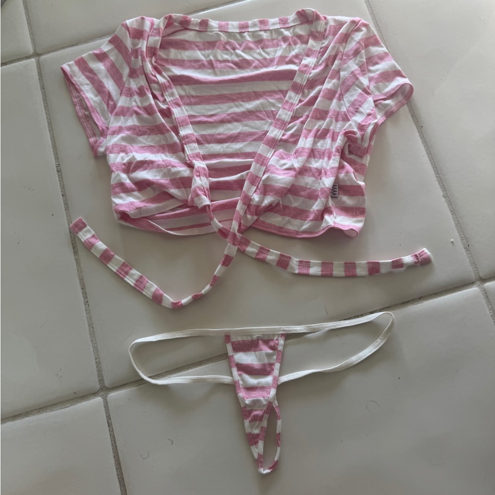 Wicked Weasel Pink and White Striped Tie-Front Top and Thong Set